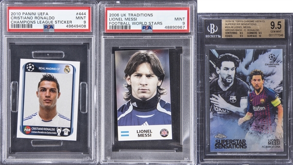 Lot Of (3) 2006-2019 Lionel Messi & Cristiano Ronaldo Cards - All Graded MINT 9 Or Better